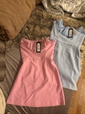 French Connection “Whisper Organza Strapless” Pink (size 6), Blue (size 2)